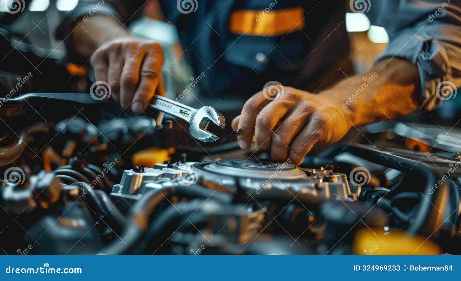 close-up of a mechanic& x27;s hands using a wrench to repair an engine in a workshop
