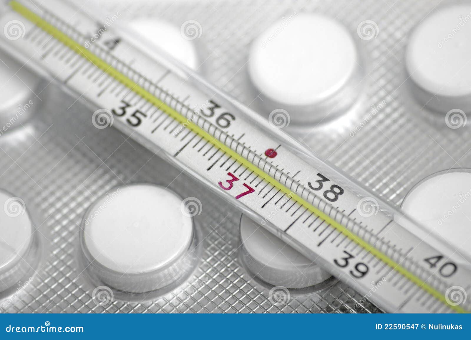 Closeup Medical Thermometer and Pills Stock Image Image of medicine, dosage 22590547