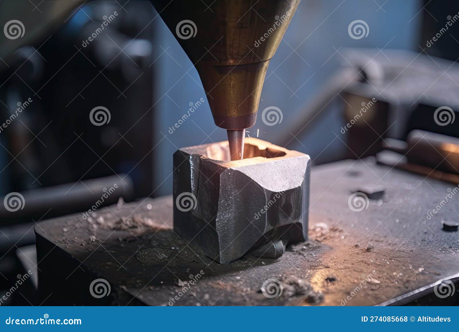 Closeup of a Metalworking Tool in the Process of Shaping a Piece of Metal Stock Illustration