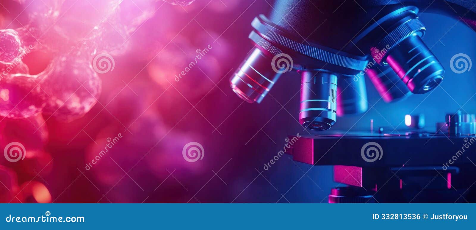 close-up of microscope with colorful background in laboratory