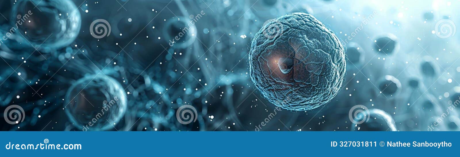 close-up microscopic view of floating cells in a blue background, representing biological science, microbiology, and medical