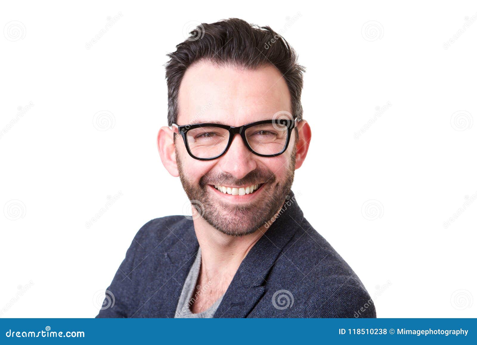 close up middle age man with glasses smiling against white background