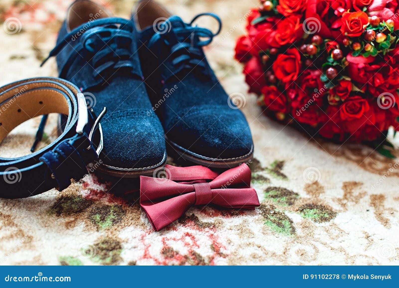 Close Up of Modern Man Accessories. Cherry Bow Tie, Blue Leather Shoest and  Red Wedding Bouquet on a Carpet Stock Photo - Image of ceremony, love:  91102278