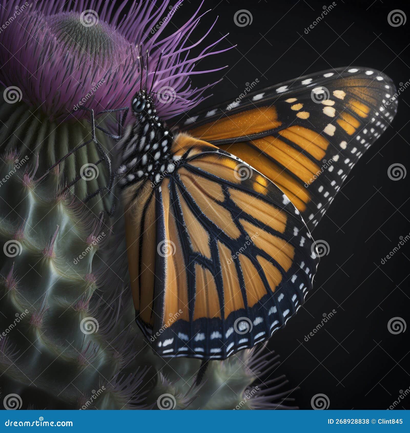 A Closeup of a Monarch Butterfly Drinking Nectar from a Thistle Stock