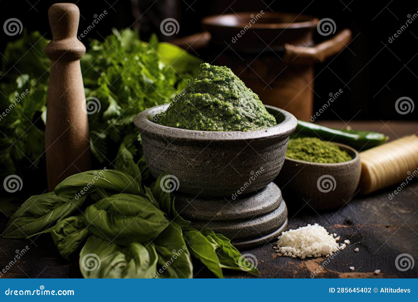 Closeup of Mortar and Pestle with Pesto Ingredients Stock Photo