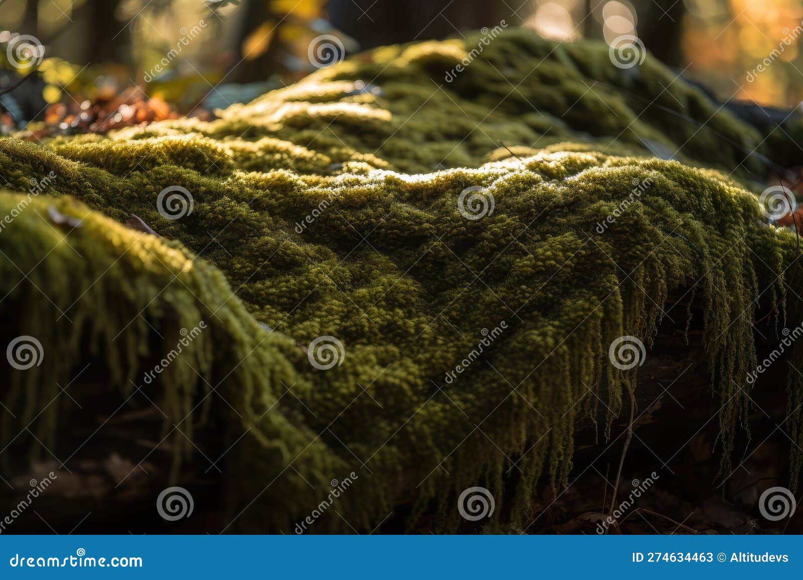 Closeup of Moss Blanket with Sunlight Shining through the Canopy Stock