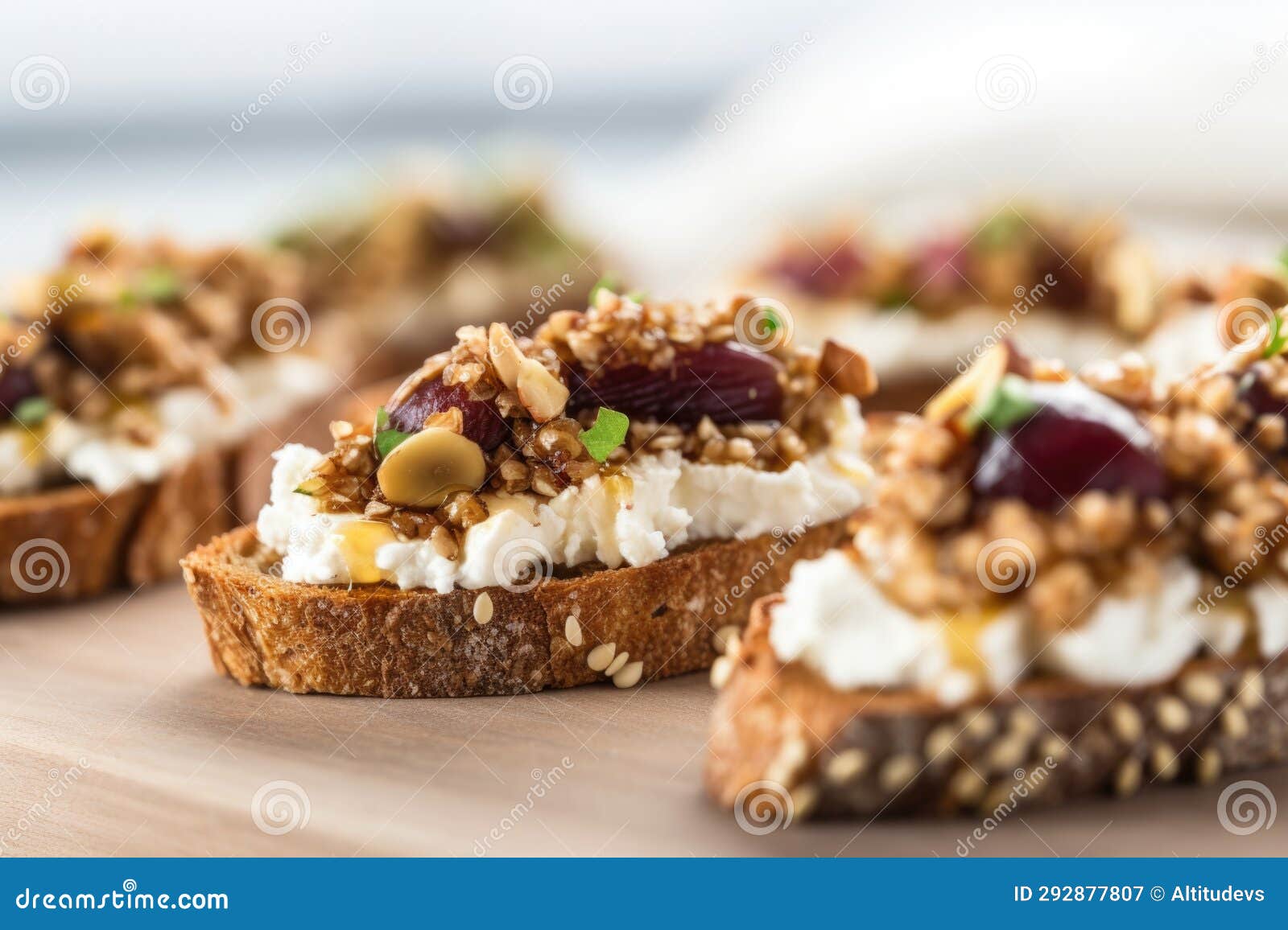 Closeup of Multigrain Bruschetta with Ricotta and Fig Slices Stock