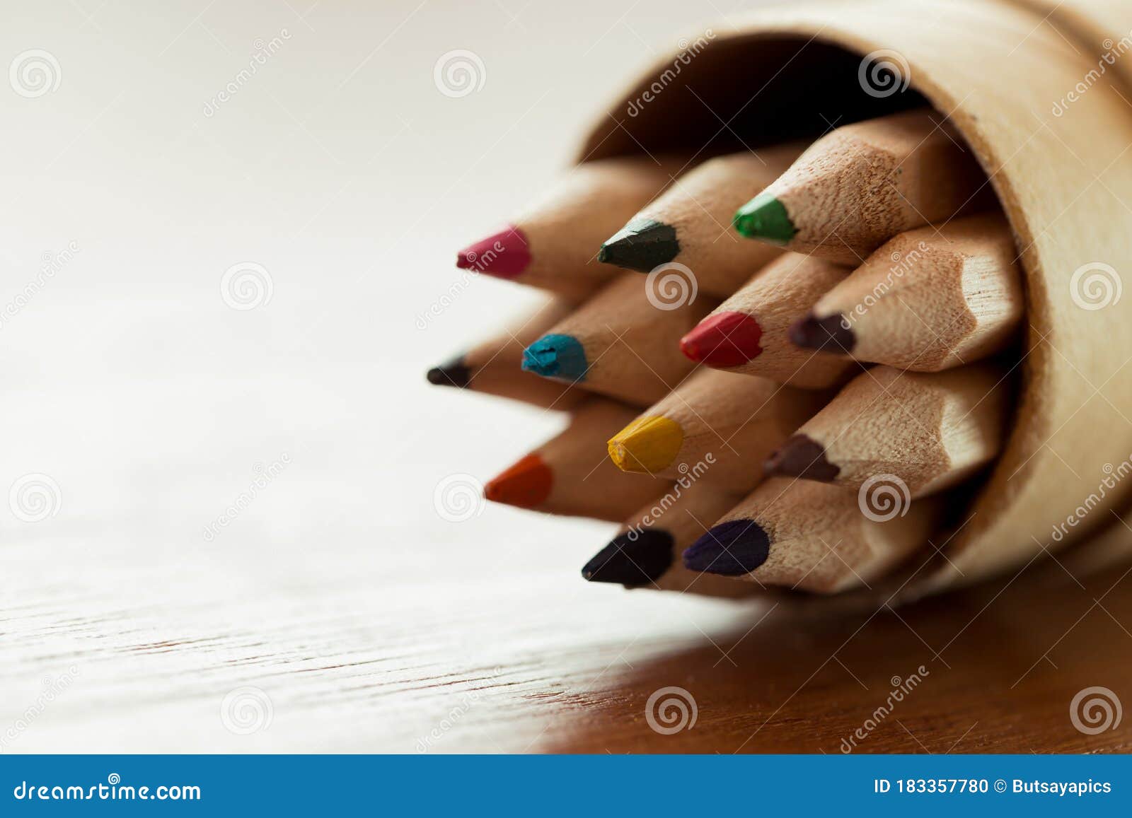 Close Up Multi Wooden Color Pencil in a Container on the Table Stock