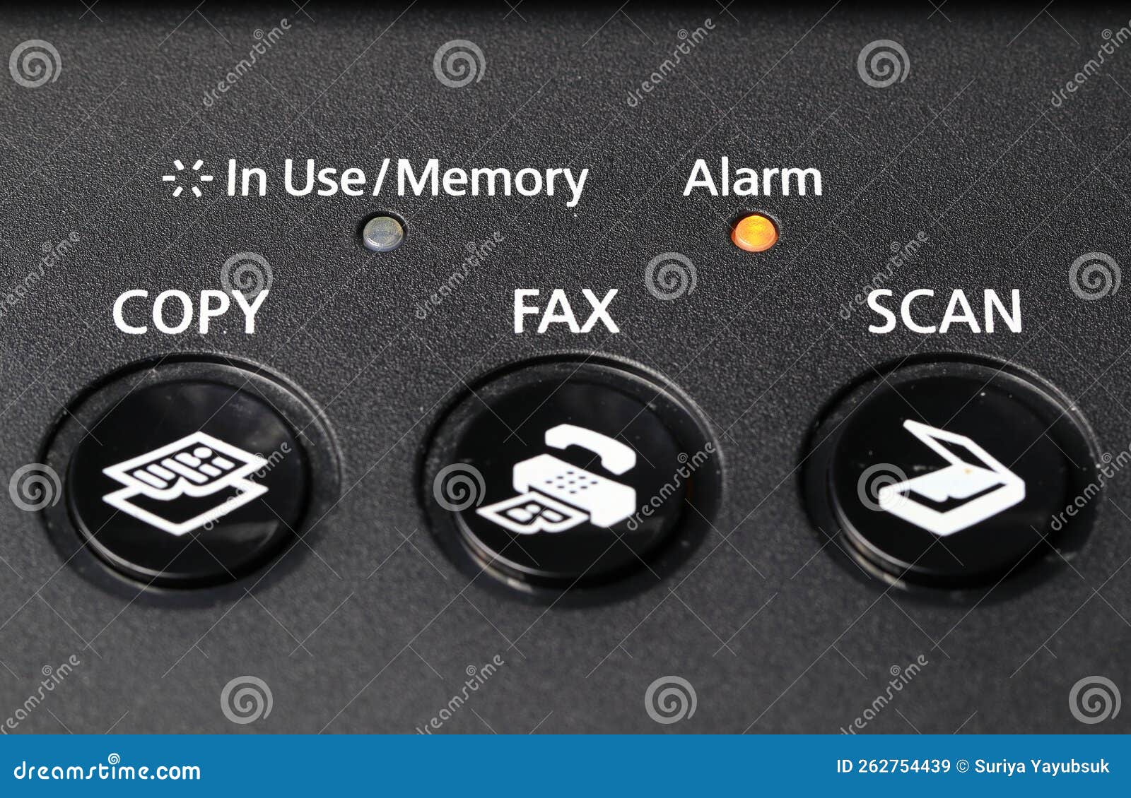 Close Up of Multifunction Facsimile or Fax Keypad with Yellow Alarm
