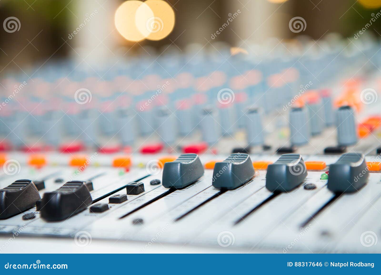 Closeup of Music Mixer Button, Setting Volume Adjustment Tools Stock