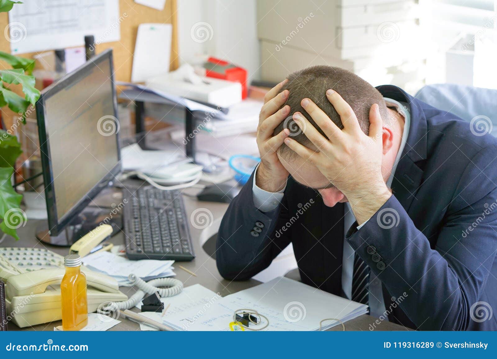 Man with a Headache in Front of the Computer Stock Image Image of