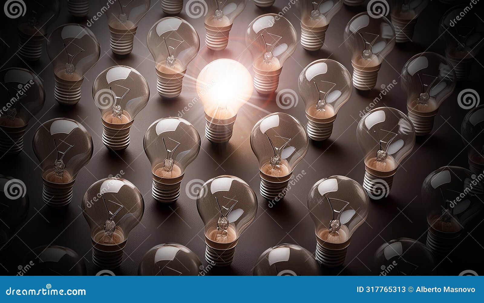one light bulb lit among a large group of unlit light bulbs - generative ai
