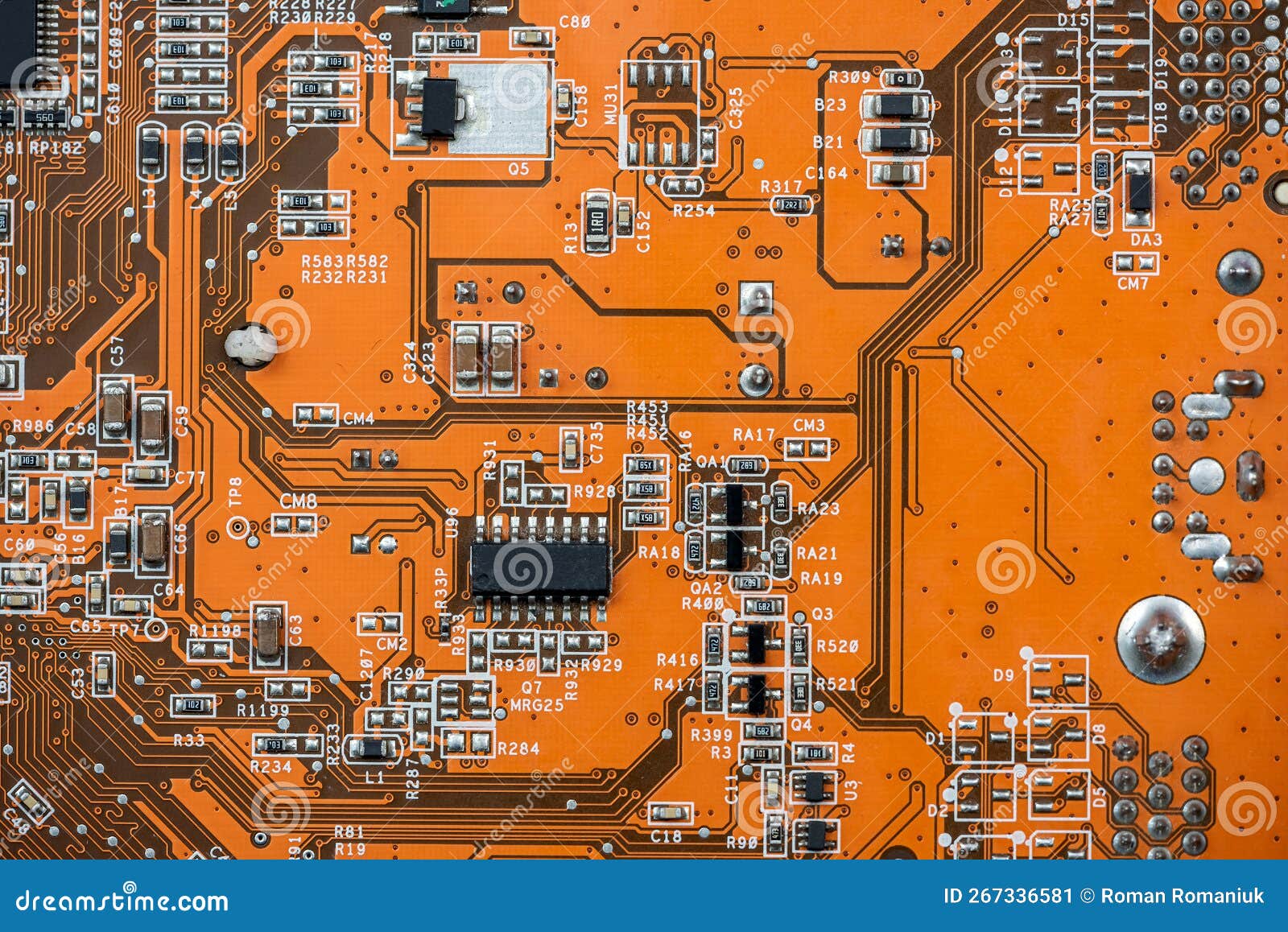 Close Up of Orange Circuit Board, Motherboard Technology Background