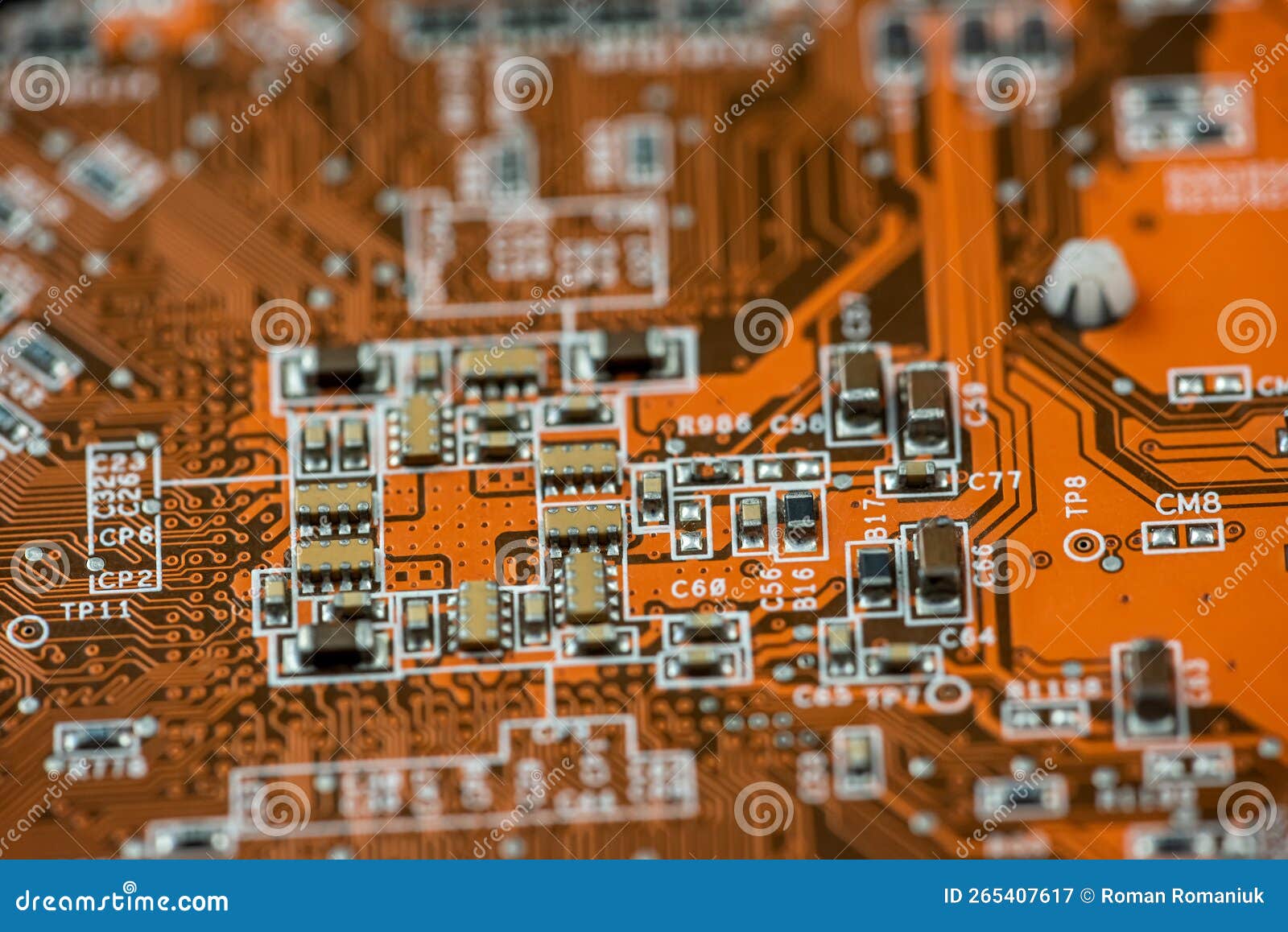 Close Up of Orange Circuit Board, Motherboard Technology Background
