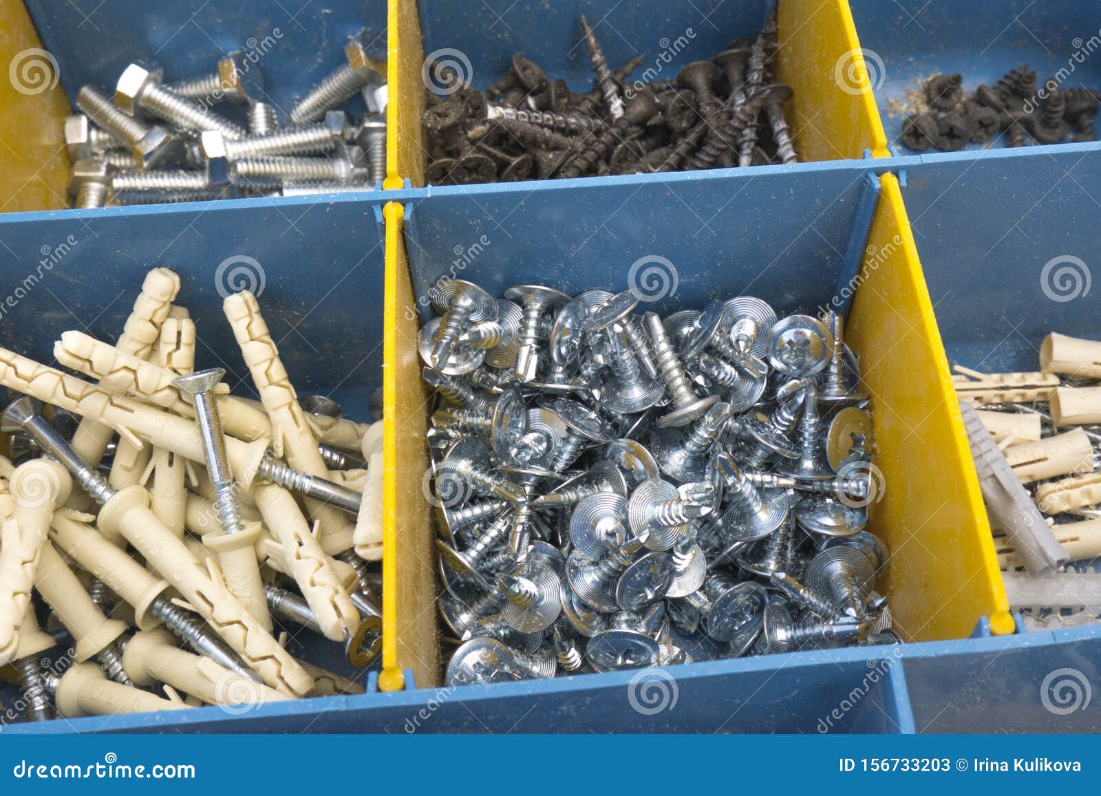 Close Up of Organizer with Dividers with Many Different Types of Screws and  Dowels. Concept of Construction, Woodwork, Carpentry Stock Image - Image of  home, construction: 156733203