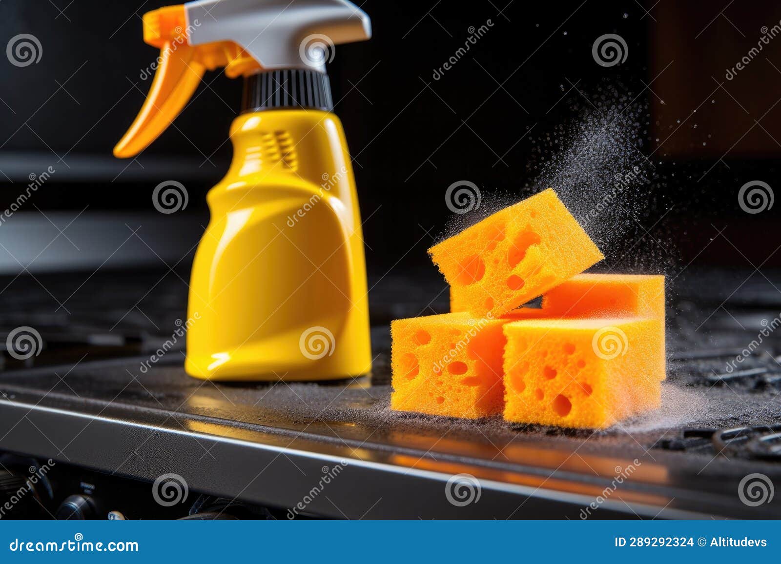 Closeup of Oven Cleaner Spray Bottle and Sponge Stock Photo Image of
