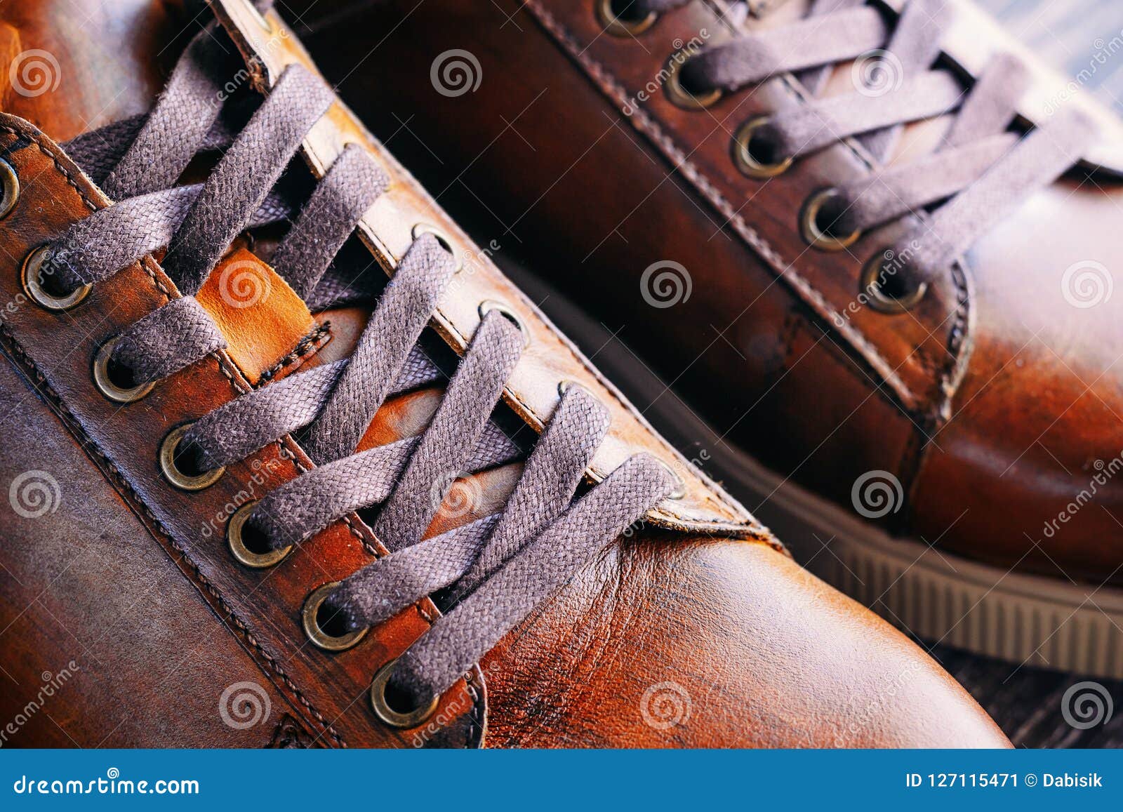 Close Up of Pair of Men`s Brown Leather Shoes. Lacing on Shoes Stock ...