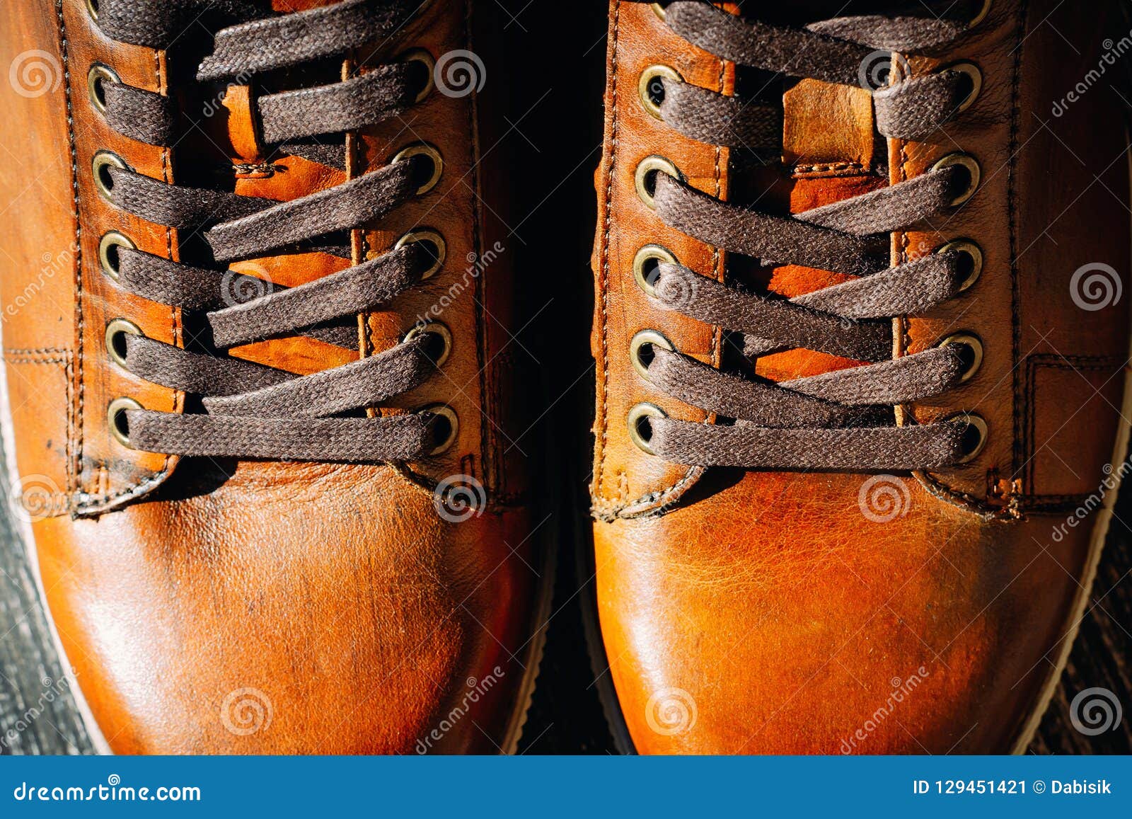 Close Up of Pair of Men`s Brown Leather Shoes. Lacing on Shoes Stock ...