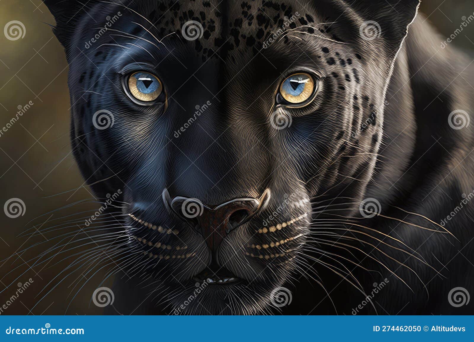 close-up of panther's face, with its eyes and whiskers in focus