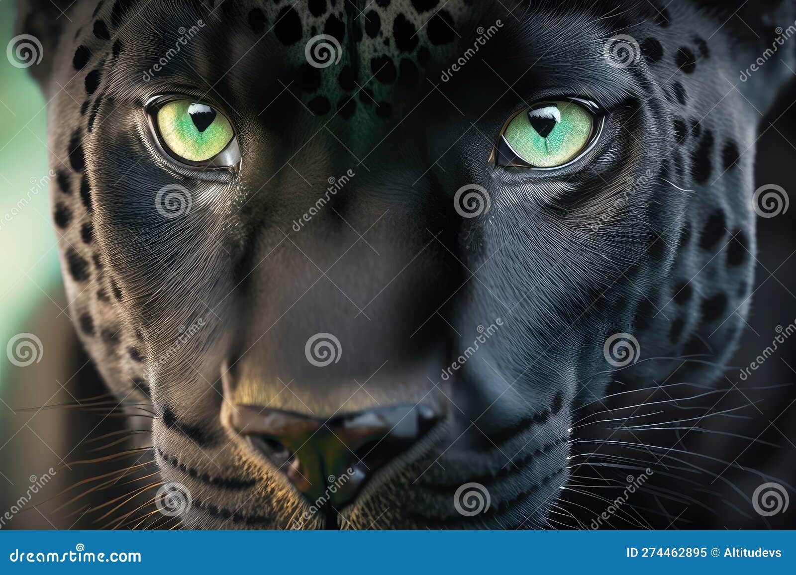 close-up of panther's face, with piercing green eyes