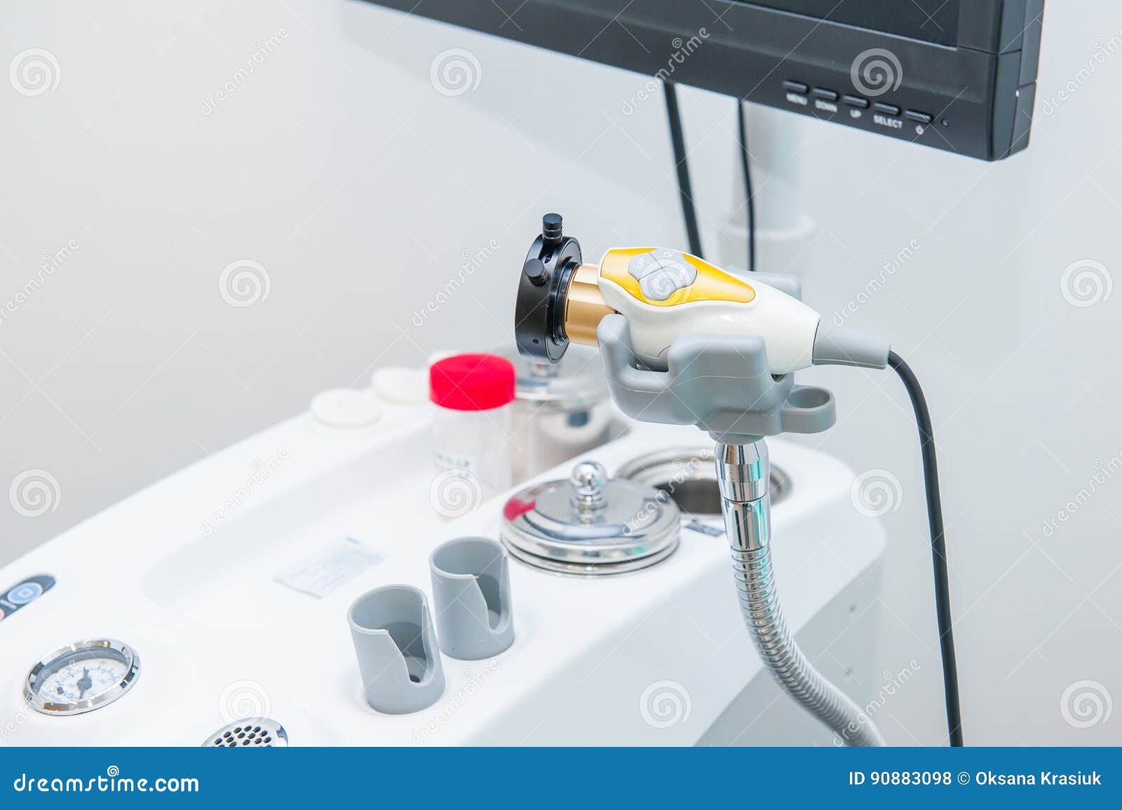 close up part of professional evo ent medical devices workstation. ear nose and throat medical equipment. washing syringe. selecti