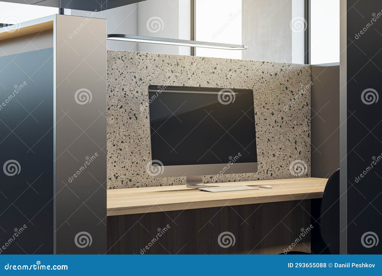 close up of partitioned wooden and marble workplace with empty computer screen and mock up place.