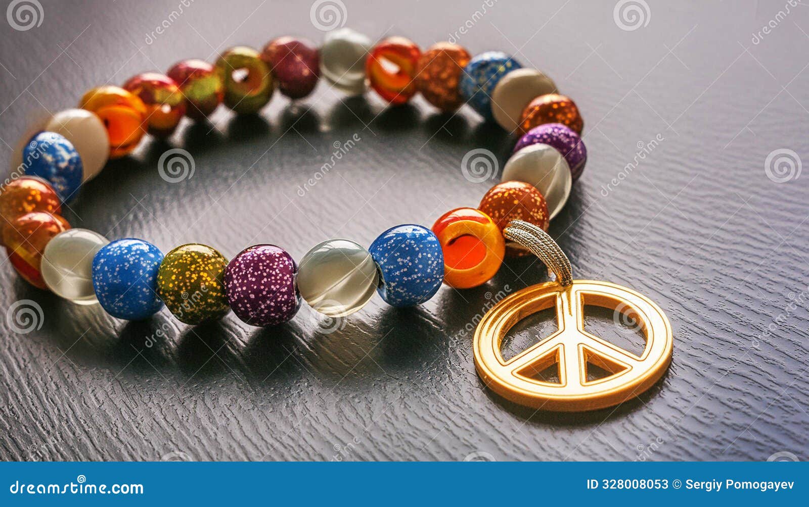 close-up of a peace  bracelet with multicolored beads