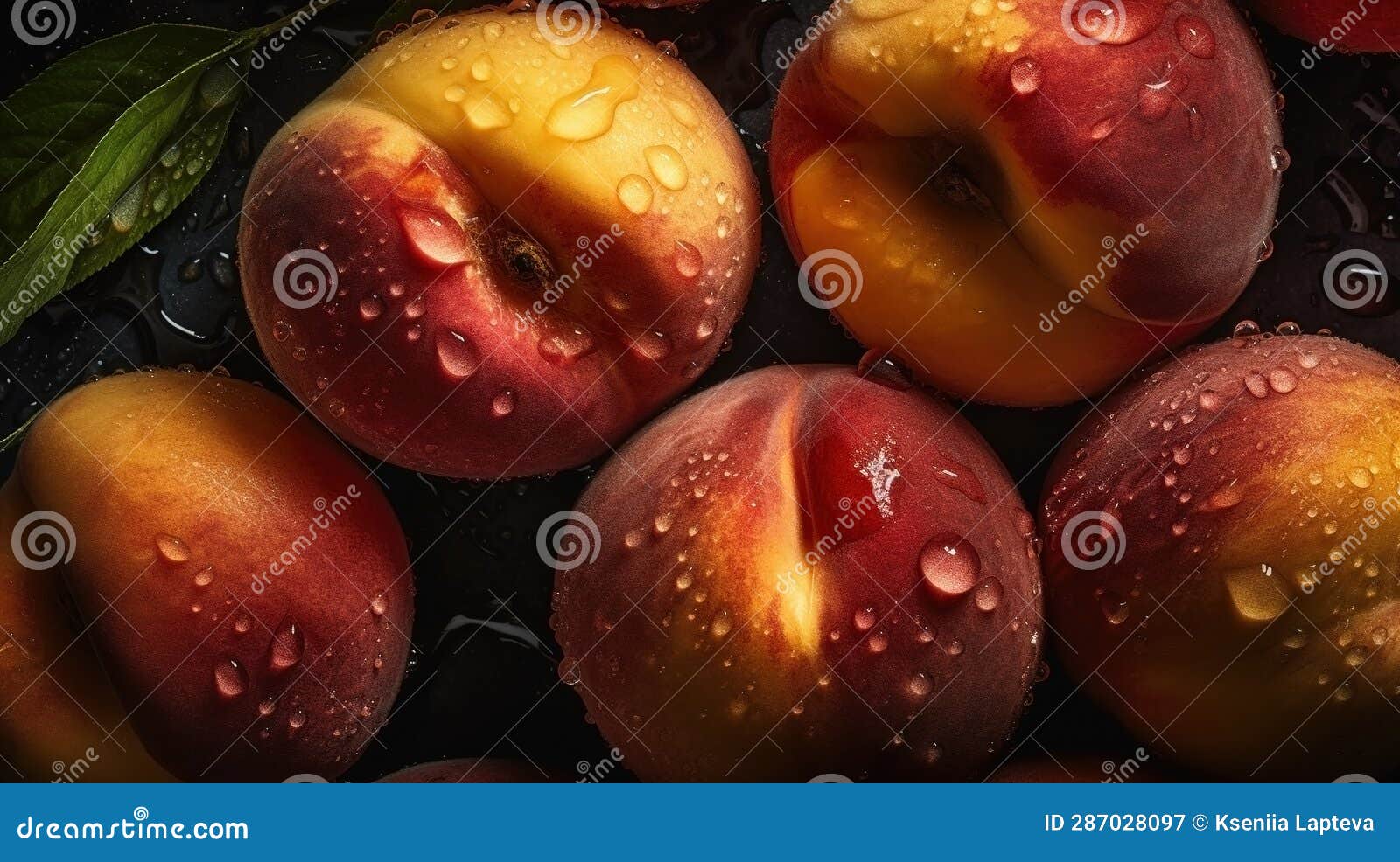 Closeup of Peaches with Water Drops on Dark Background. Fruit Wallpaper Stock Illustration