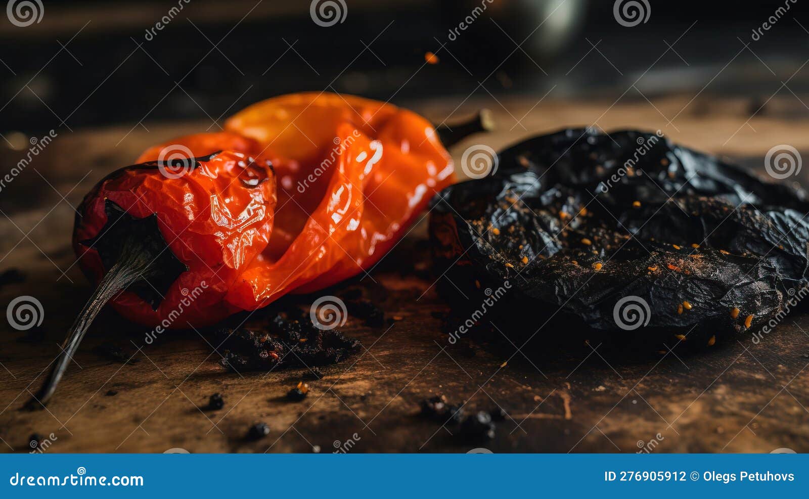 A Close Up of a Pepper and a Black Pepper on a Cutting Board Stock