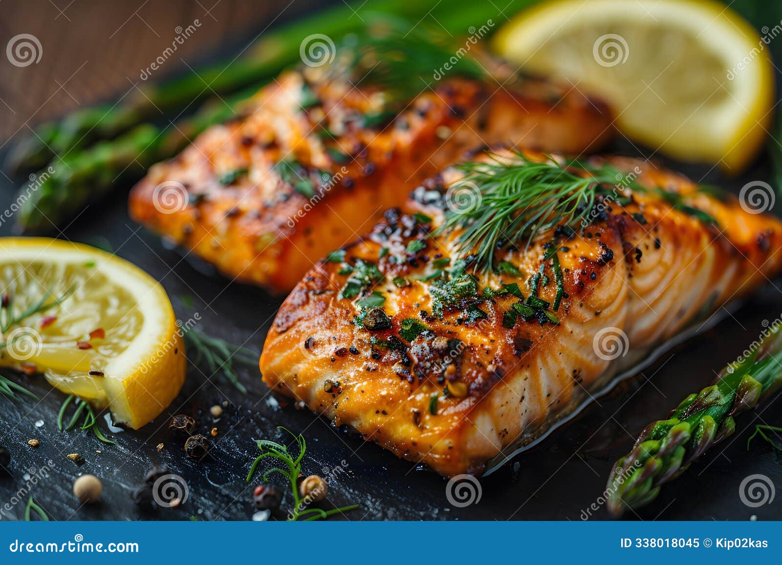 grilled salmon fillets with herbs, lemon, and asparagus - culinary photography for recipe, menu, and food blog  generative