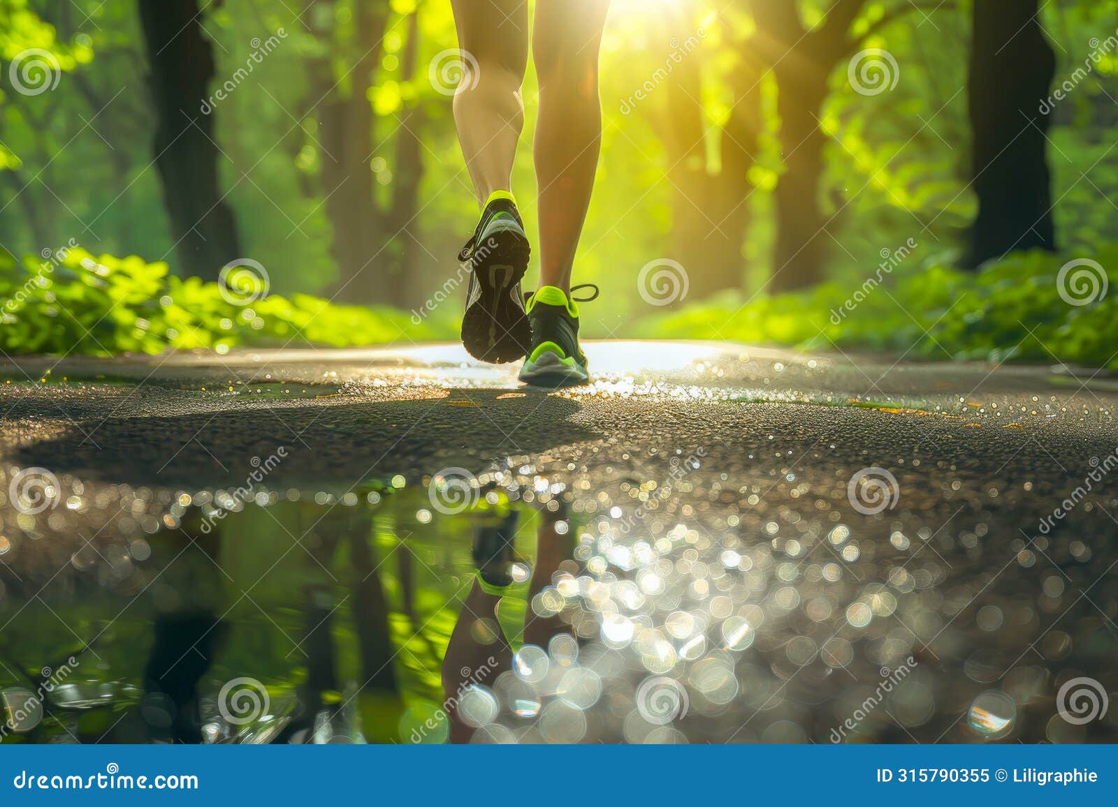 close-up of person jogging in sunlit park, sneakers on the path. concept healthy lifestyle and outdoor exercise