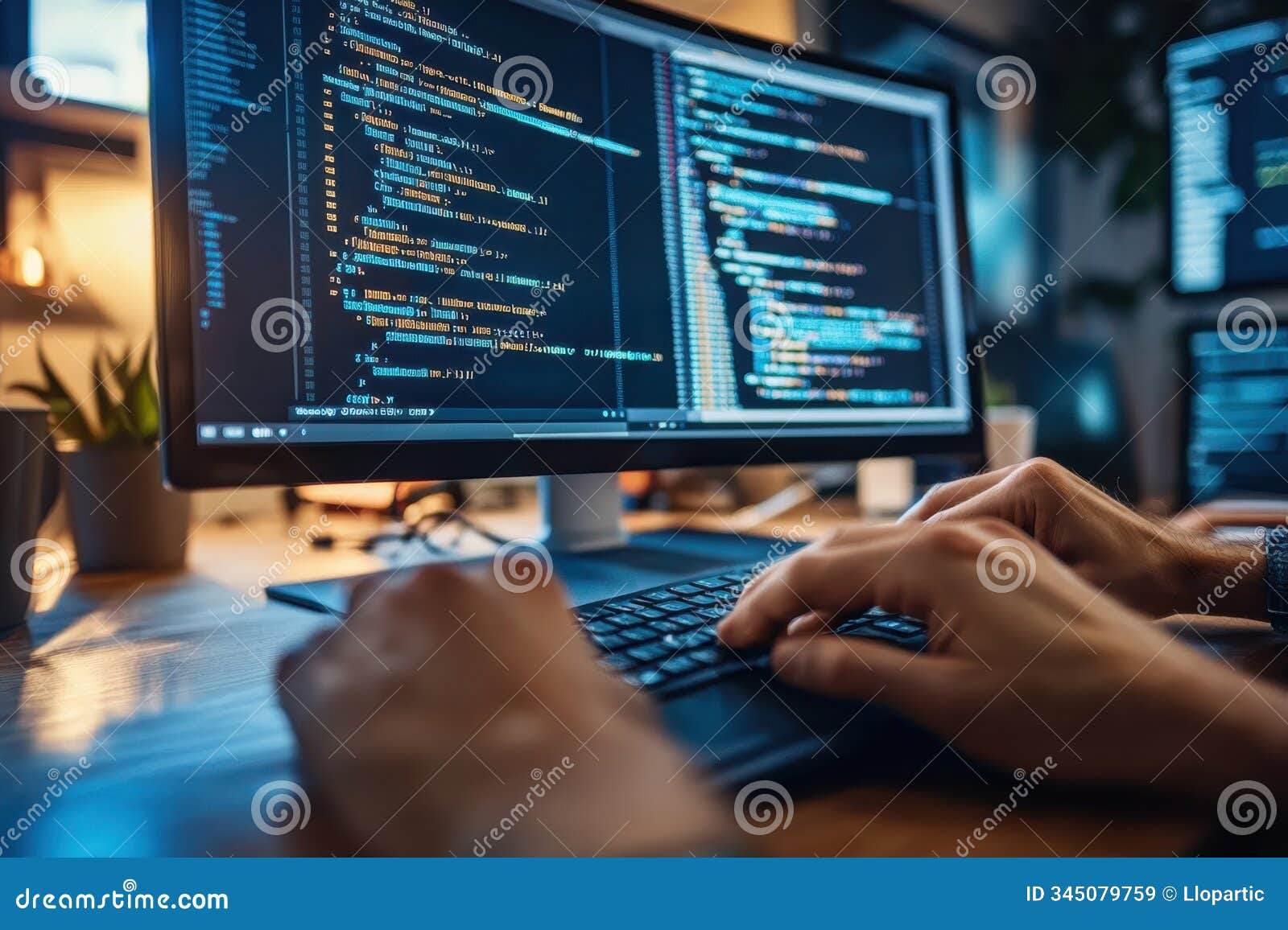 a close-up of a personÃ¢â¬â¢s hand typing on a keyboard, with code displayed on the computer screen in a bright environment