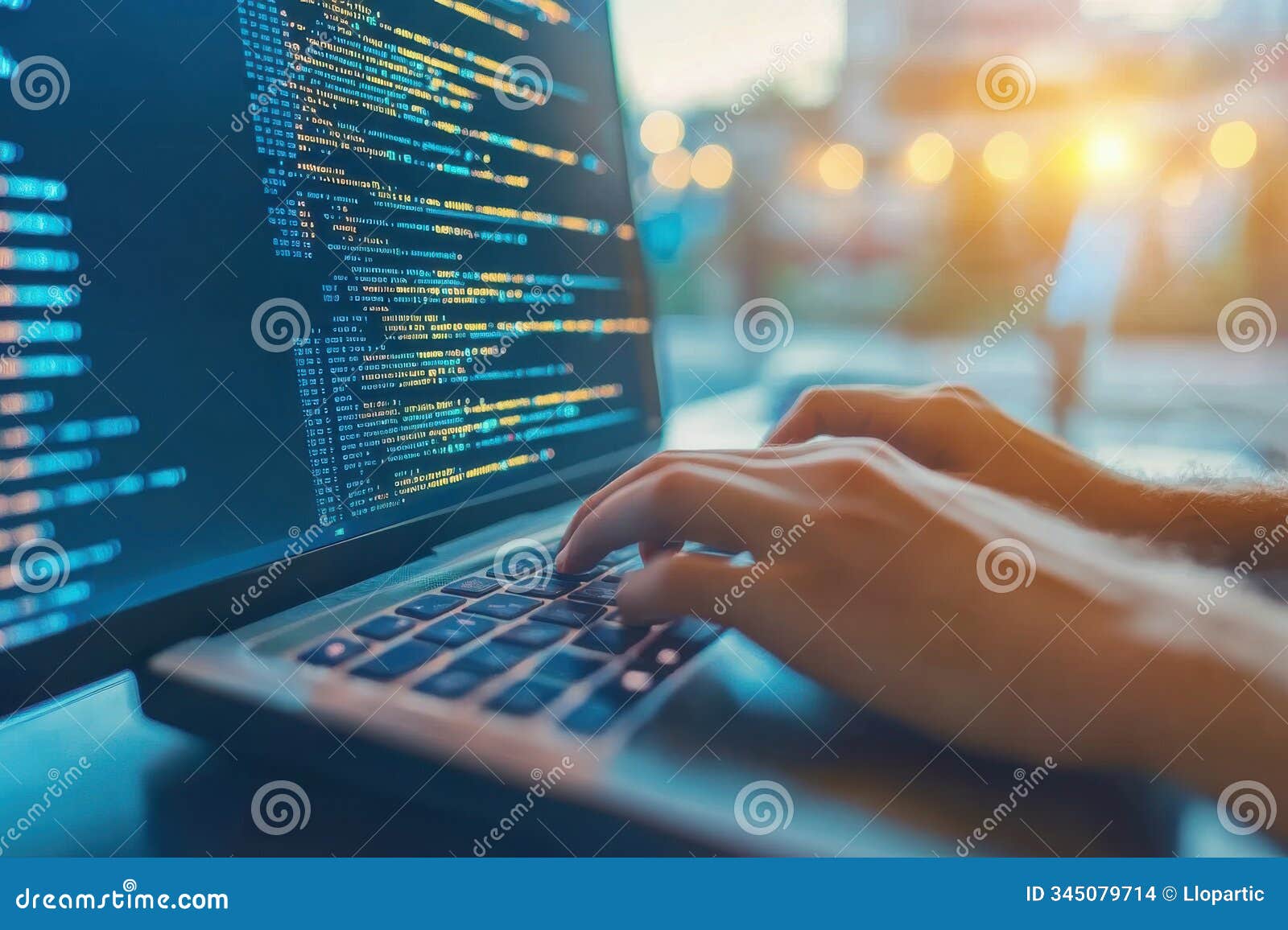 a close-up of a personÃ¢â¬â¢s hand typing on a keyboard, with code displayed on the computer screen in a bright environment