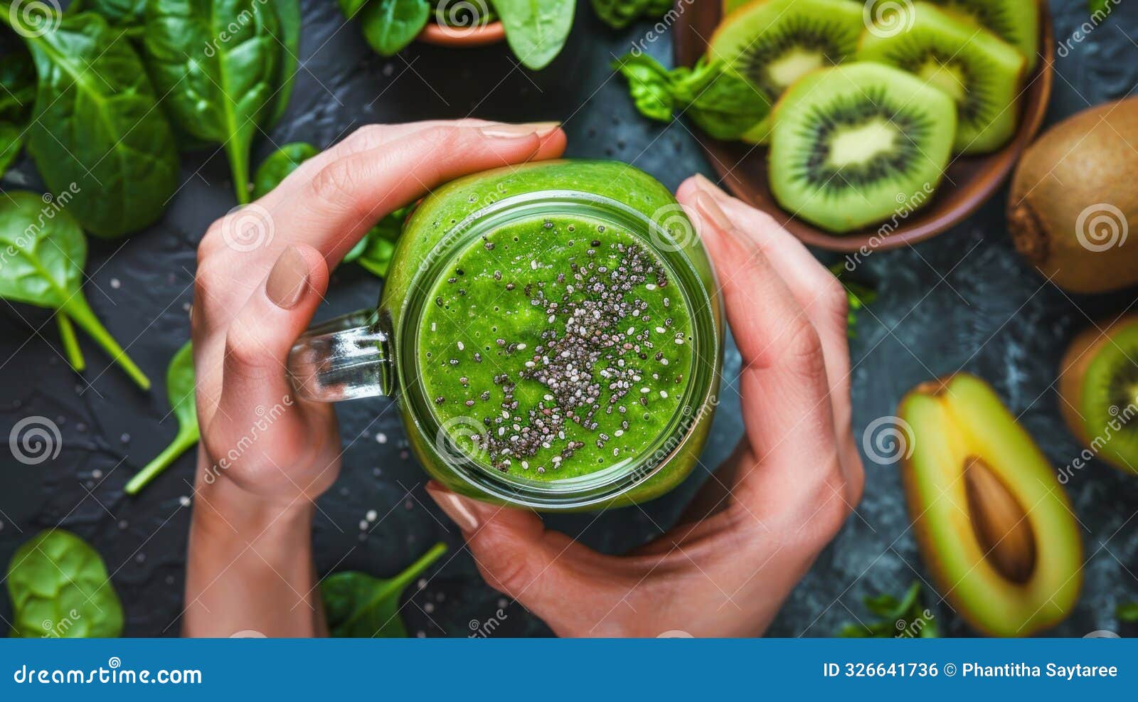 close-up of hand holding a green smoothie jar with spinach leaves healthy beverage. generative ai