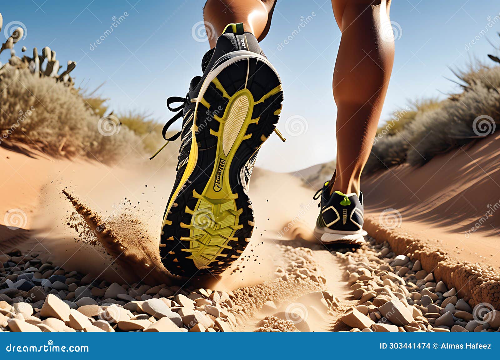close-up perspective of a dusty trail: rear view of a runner's sport shoe in mid-stride
