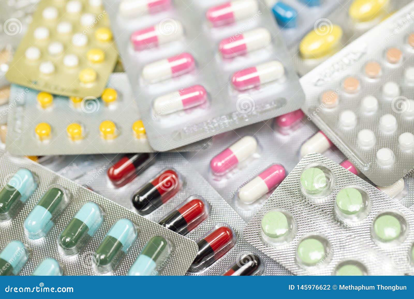 close up pharmaceuticals antibiotics pills medicine in blister packs.