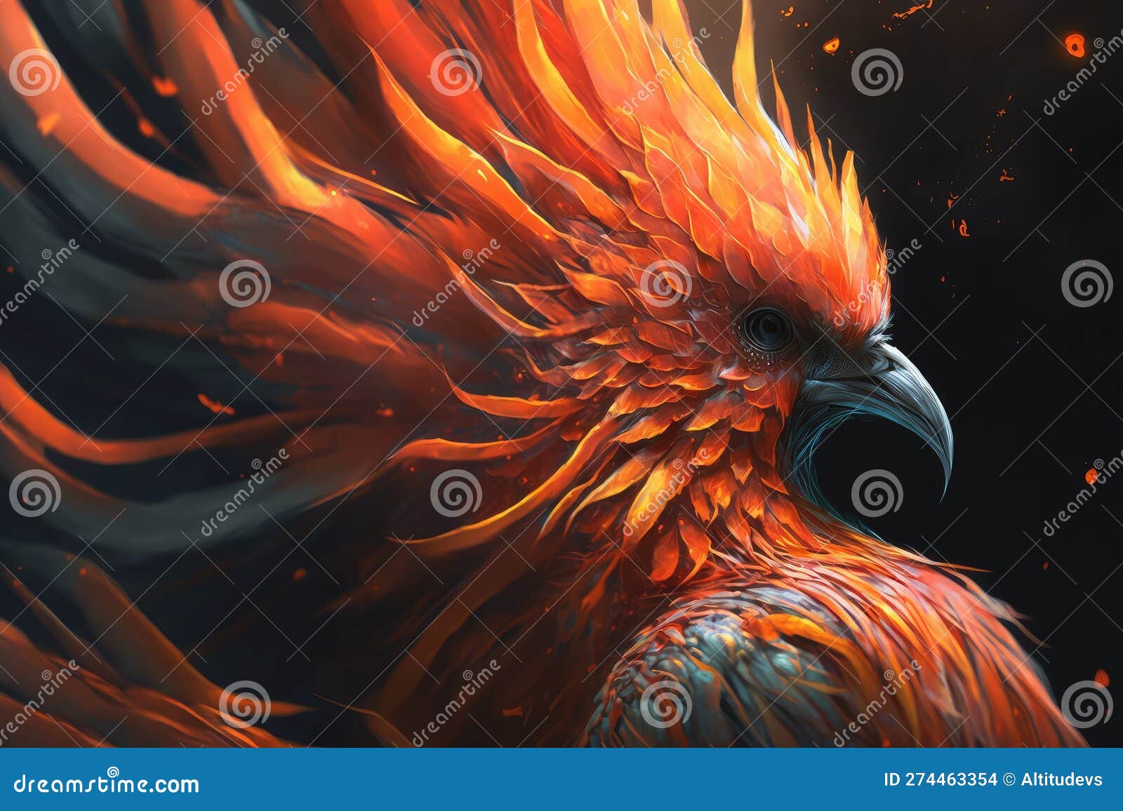 close-up of phoenix firebird& x27;s fiery feathers