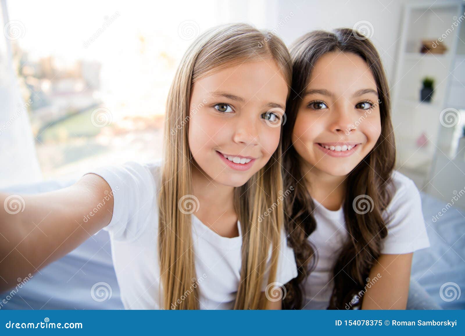 Close Up Photo of Cheerful Content Children Feel Satisfied Sit Bed Room ...