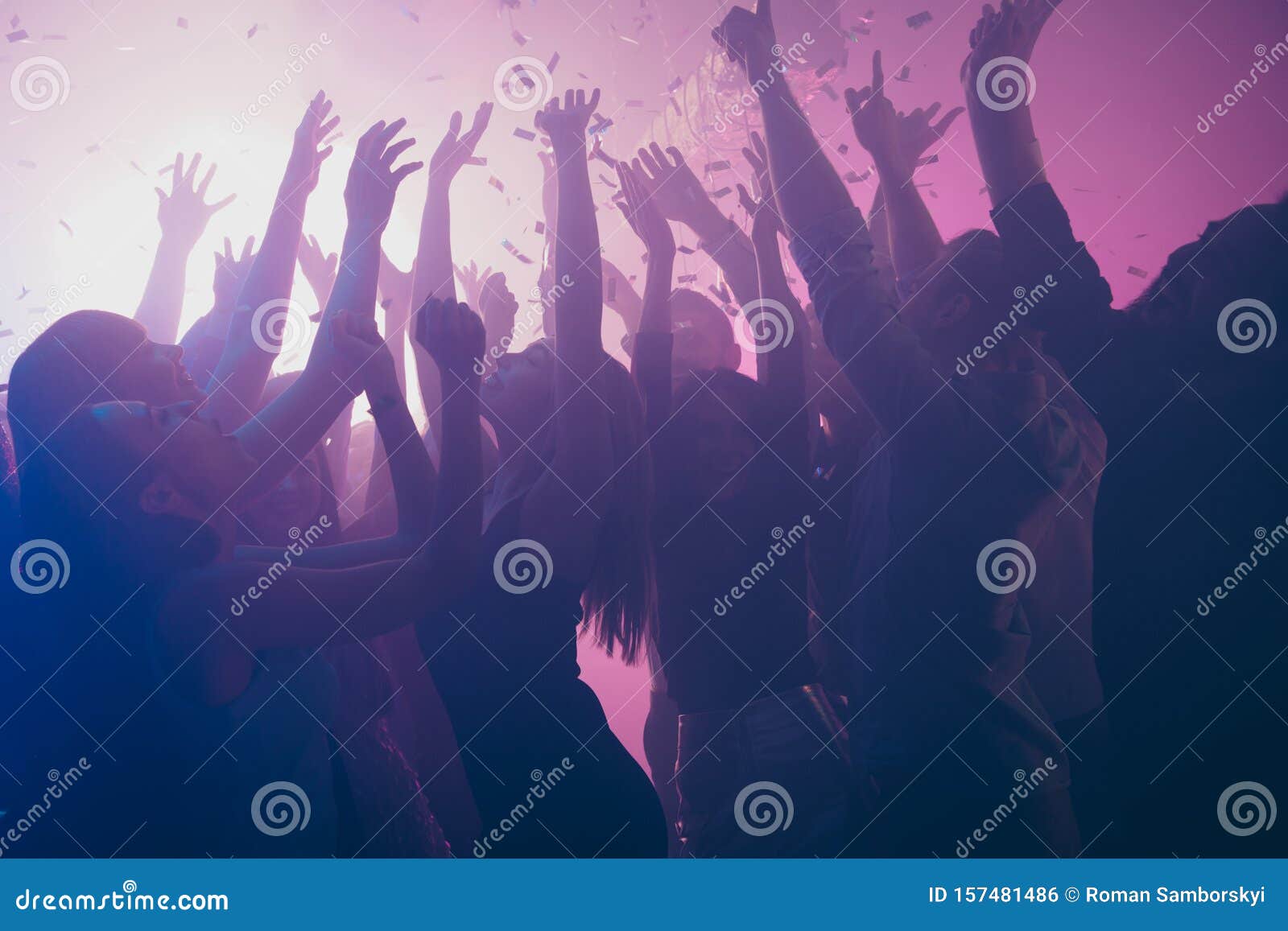 Close Up Photo of Many Festive Excited People Dancing Clubbing Purple ...