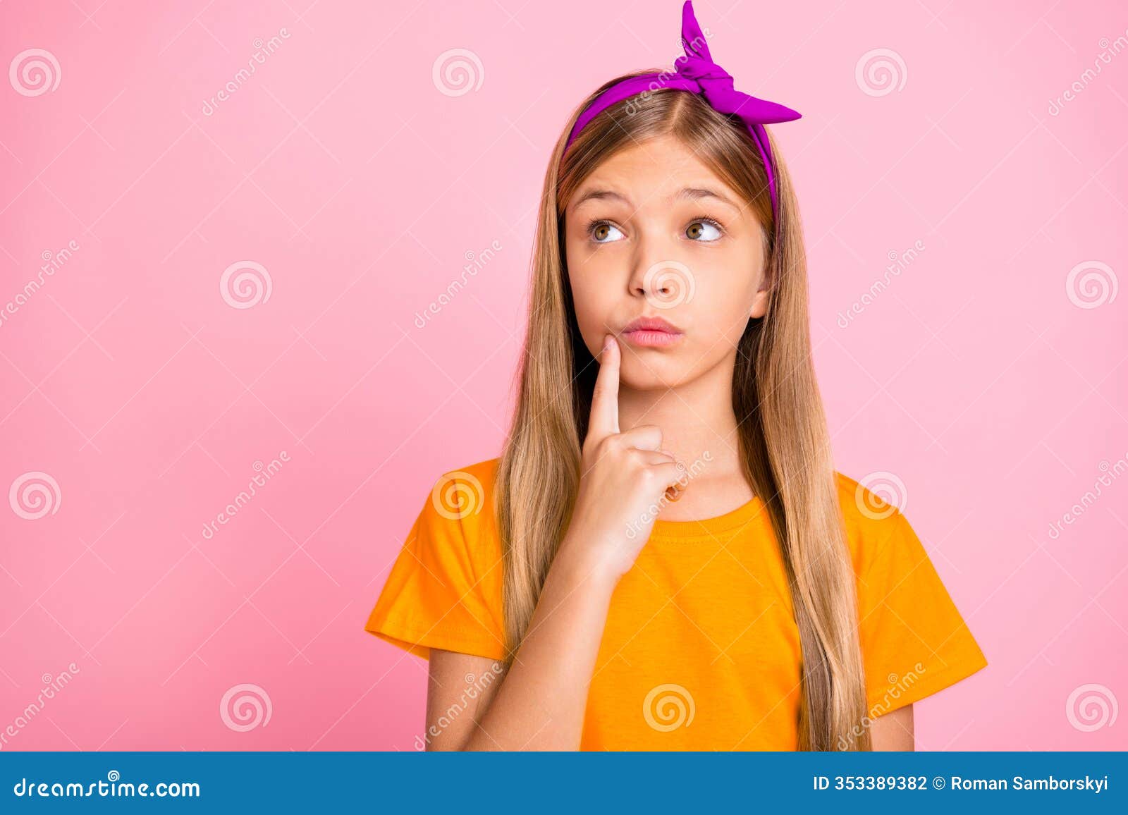 close up photo of pensive thinking thoughtful girl trying to recollect something while  with pink background