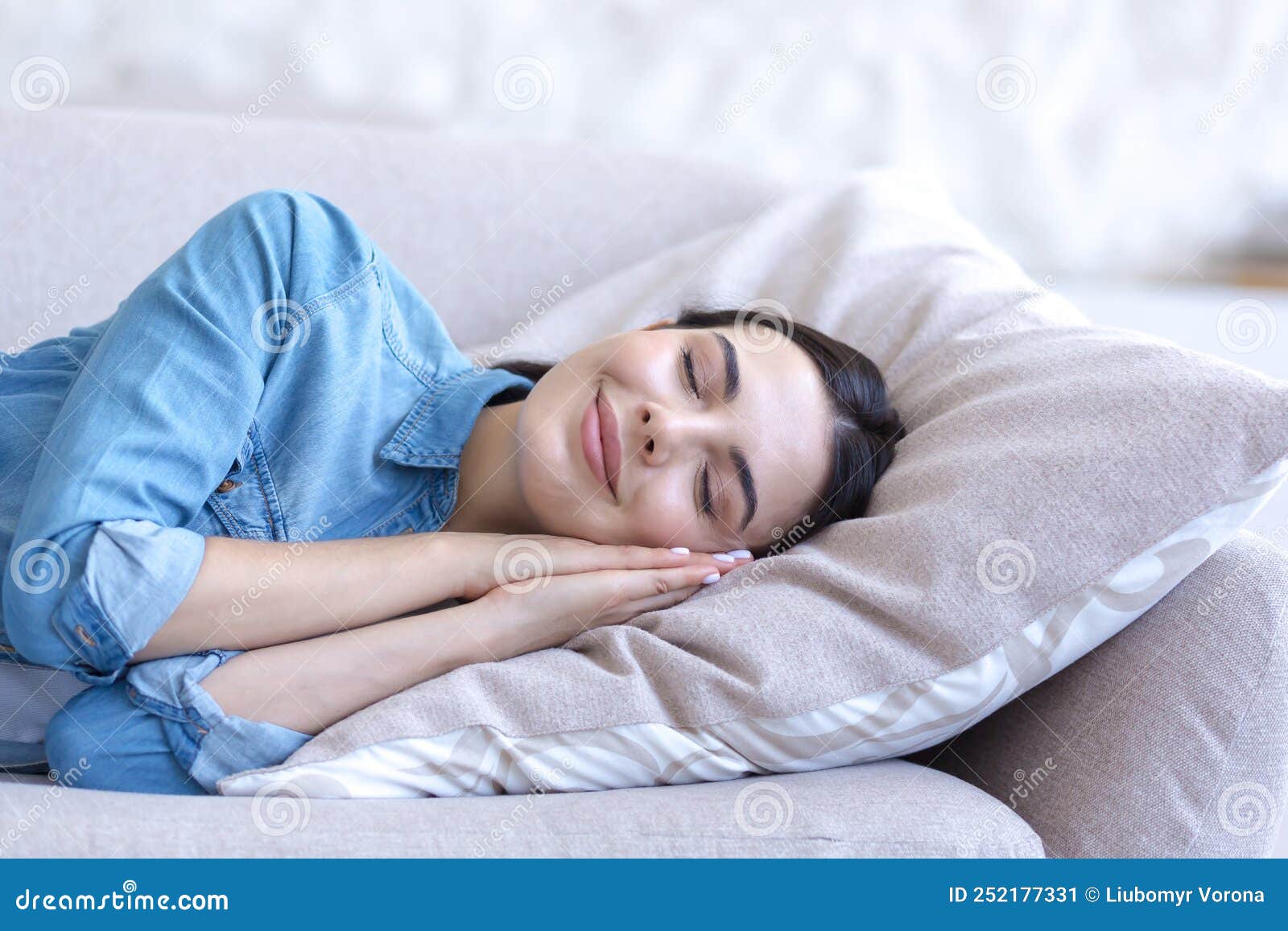 Close Up Photo Portrait Of Young Beautiful Woman Sleeping On Sofa