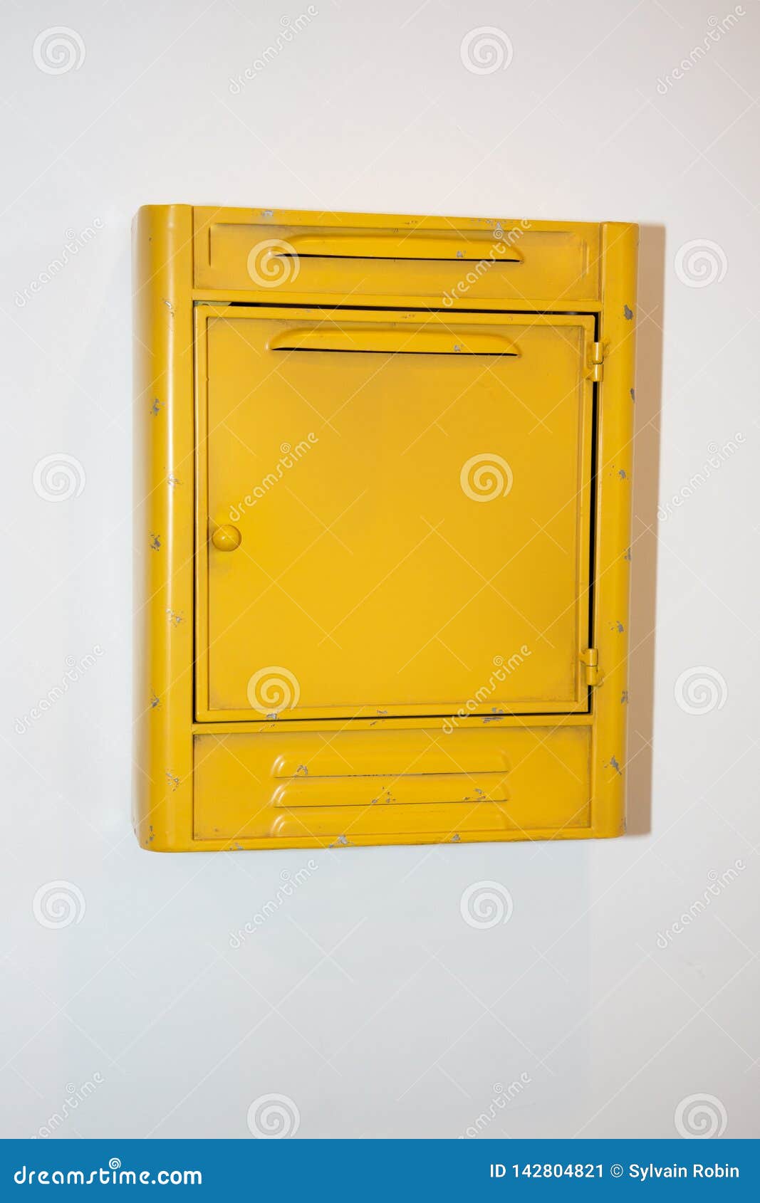 Closeup Photo of Vintage Yellow Mail Box with Empty Sign Stock Image