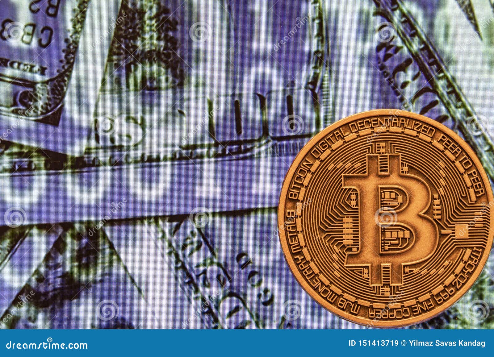 Close Up Physical Bitcoin Coin With Dollars And Matrix ...