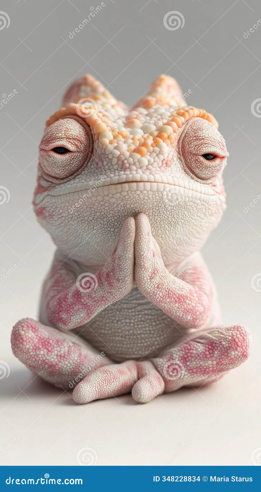 a pink and white chameleon sits in a meditative pose with its hands together, exuding calmness, ai