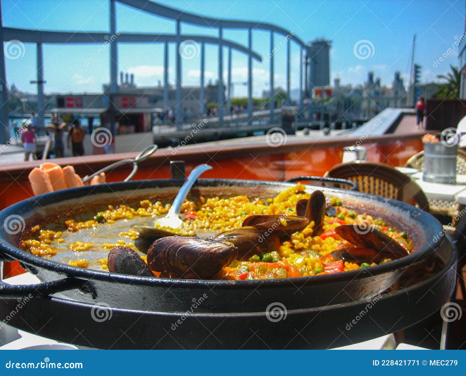 Close Up on a Plate of Paella in Port Olimpic Stock Image Image of