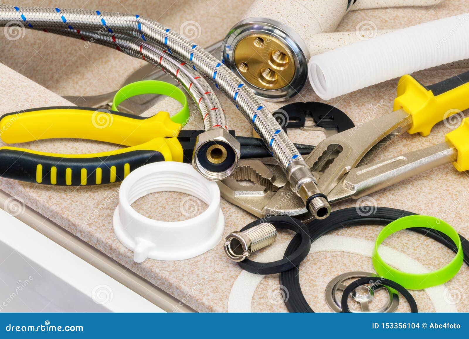 Close Up of Plumbing Tools and Sink Drain Parts Stock Photo Image of