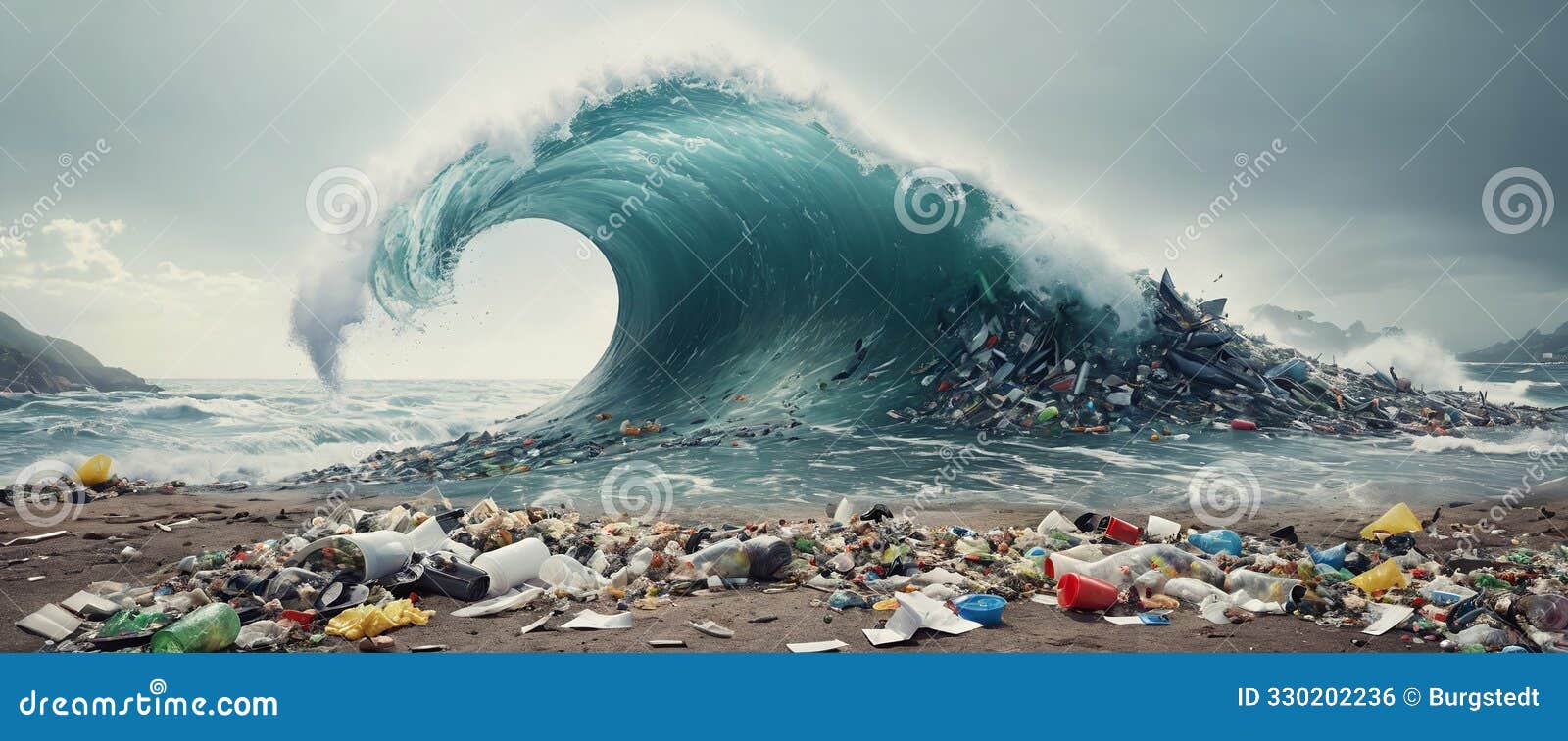 close-up of polluted beach sections due to plastic waste entering the ecosystem and insufficient recycling