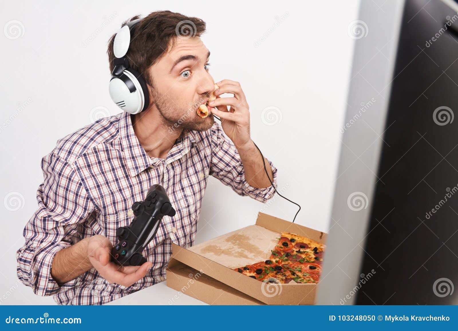 Man plays game seriously. stock image. Image of chat - 86505147