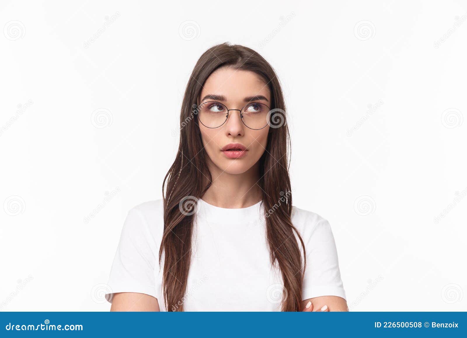 Close Up Portrait Of Annoyed Arrogant Young Brunette Pretty Woman In Glasses Rolling Eyes Up