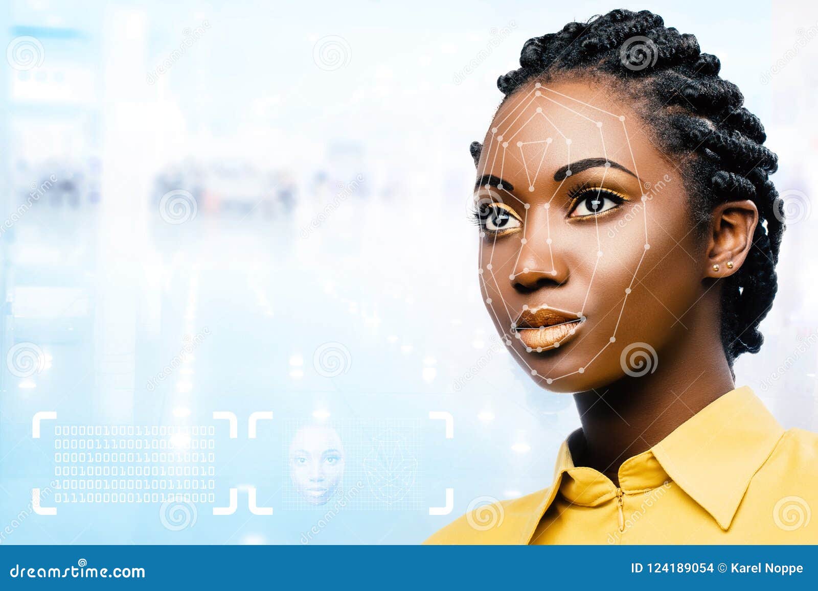 female african face with conceptual face recognition scan.